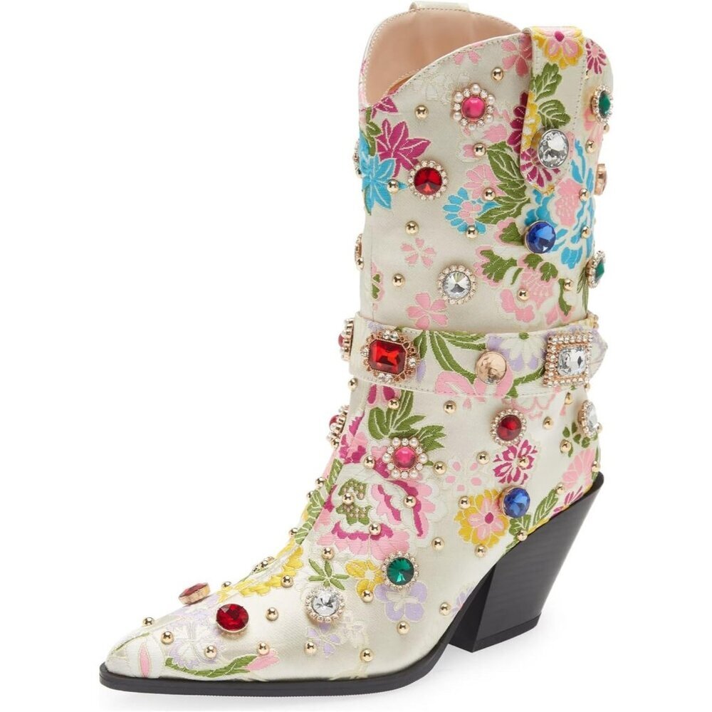 Women 'S White Embroidered Cowgirl Fashion Chunky Heel Western Boots Mid Calf